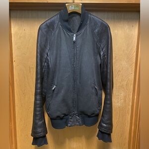 Gareth Pugh Black Leather Bomber Jacket, Rib Knit Collar, Size Large US40, IT50